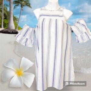 GLAM Coastal Cowgirl Blue and White Striped Cold Shoulder Ruffled Sleeves Dress